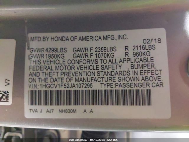 Photo 8 VIN: 1HGCV1F52JA107295 - HONDA ACCORD 