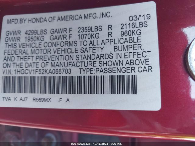 Photo 8 VIN: 1HGCV1F52KA066703 - HONDA ACCORD 