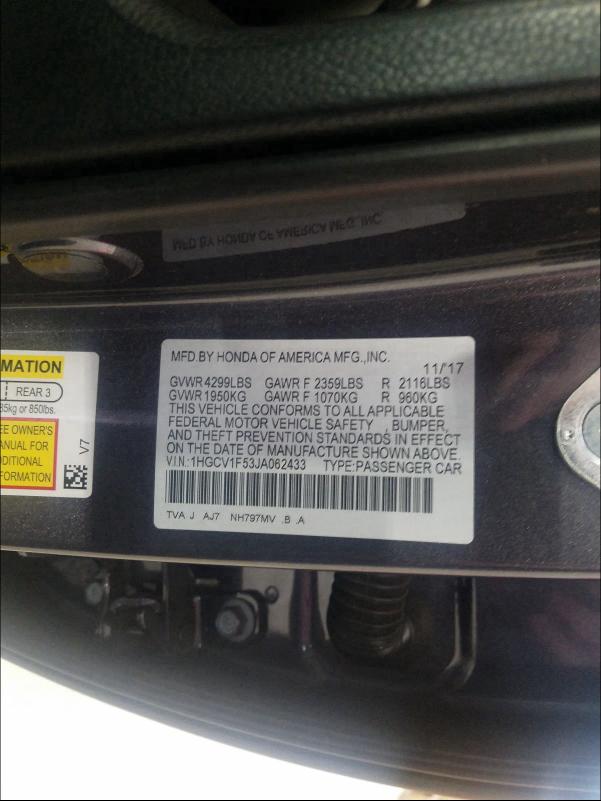 Photo 9 VIN: 1HGCV1F53JA062433 - HONDA ACCORD EXL 