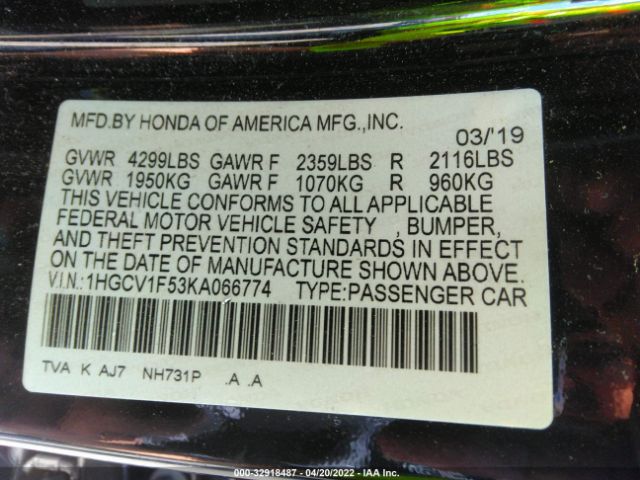 Photo 8 VIN: 1HGCV1F53KA066774 - HONDA ACCORD SEDAN 