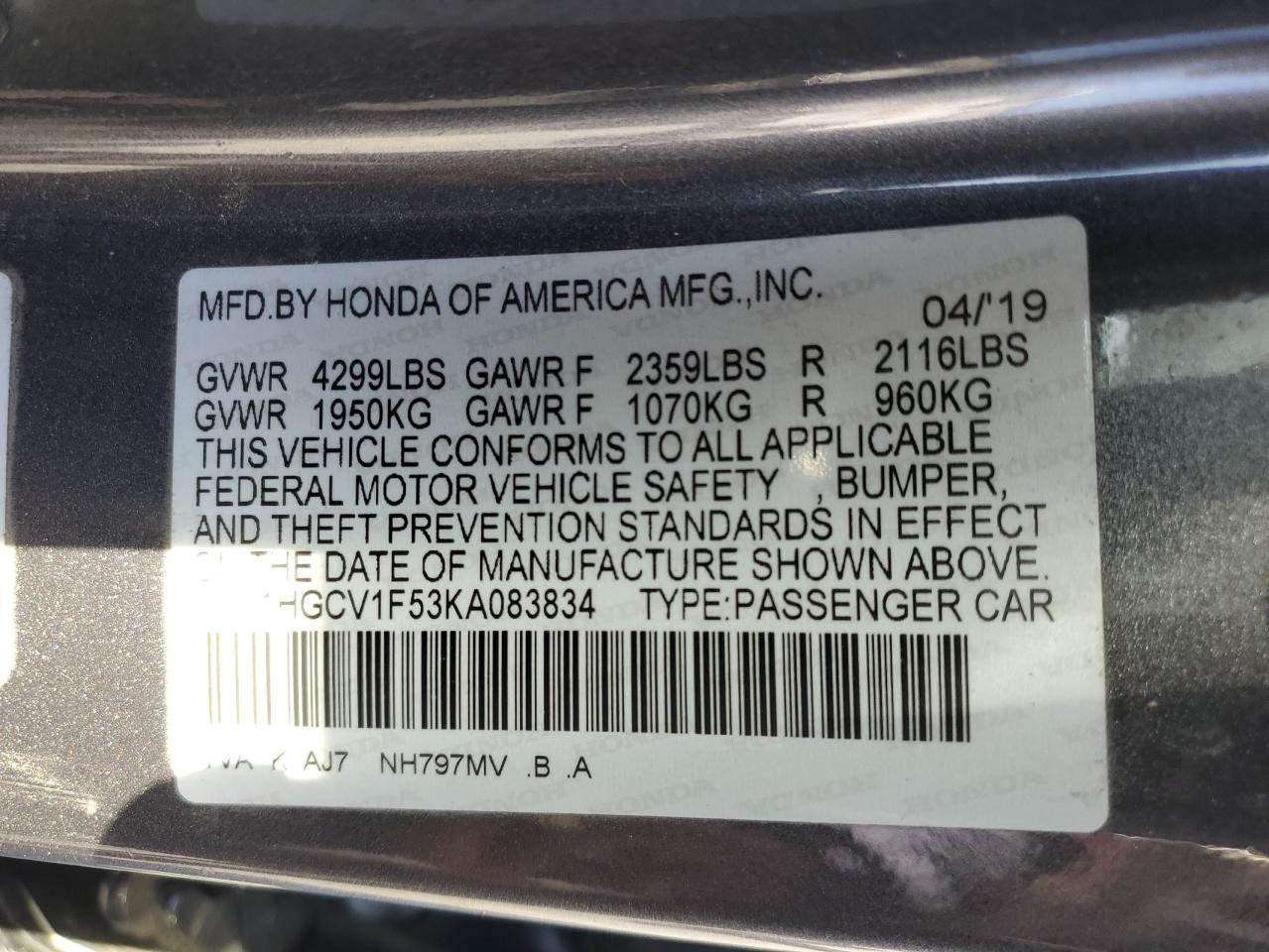 Photo 11 VIN: 1HGCV1F53KA083834 - HONDA ACCORD 