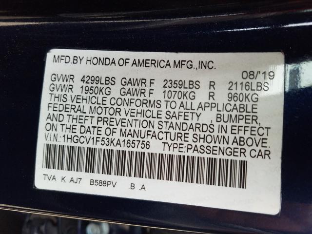 Photo 9 VIN: 1HGCV1F53KA165756 - HONDA ACCORD EXL 