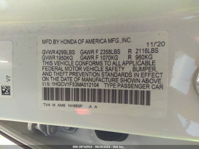 Photo 8 VIN: 1HGCV1F53MA012104 - HONDA ACCORD 