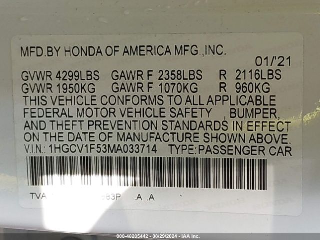 Photo 8 VIN: 1HGCV1F53MA033714 - HONDA ACCORD 