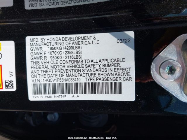 Photo 8 VIN: 1HGCV1F53NA033410 - HONDA ACCORD 