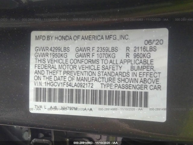 Photo 8 VIN: 1HGCV1F54LA092172 - HONDA ACCORD SEDAN 