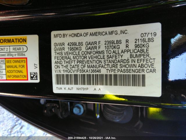 Photo 8 VIN: 1HGCV1F55KA136646 - HONDA ACCORD SEDAN 