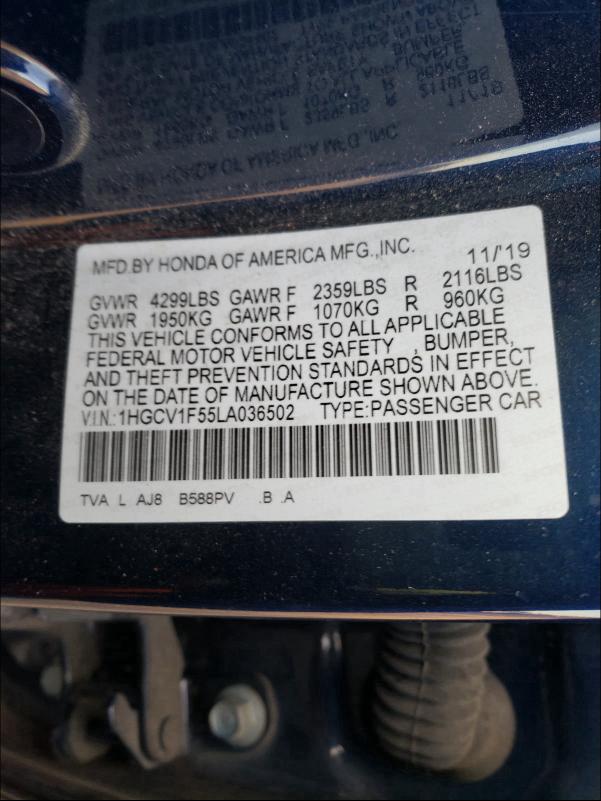 Photo 9 VIN: 1HGCV1F55LA036502 - HONDA ACCORD EXL 