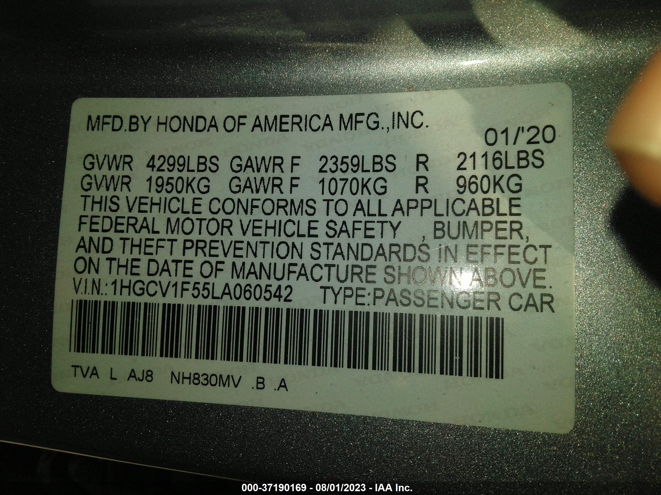 Photo 8 VIN: 1HGCV1F55LA060542 - HONDA ACCORD 