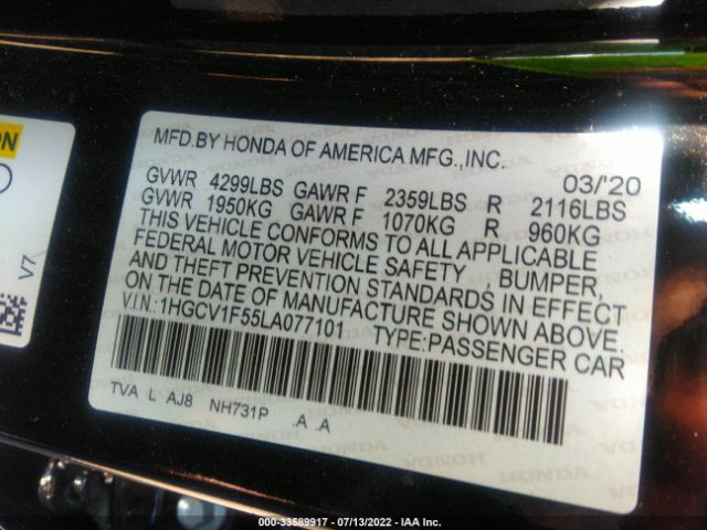 Photo 8 VIN: 1HGCV1F55LA077101 - HONDA ACCORD SEDAN 