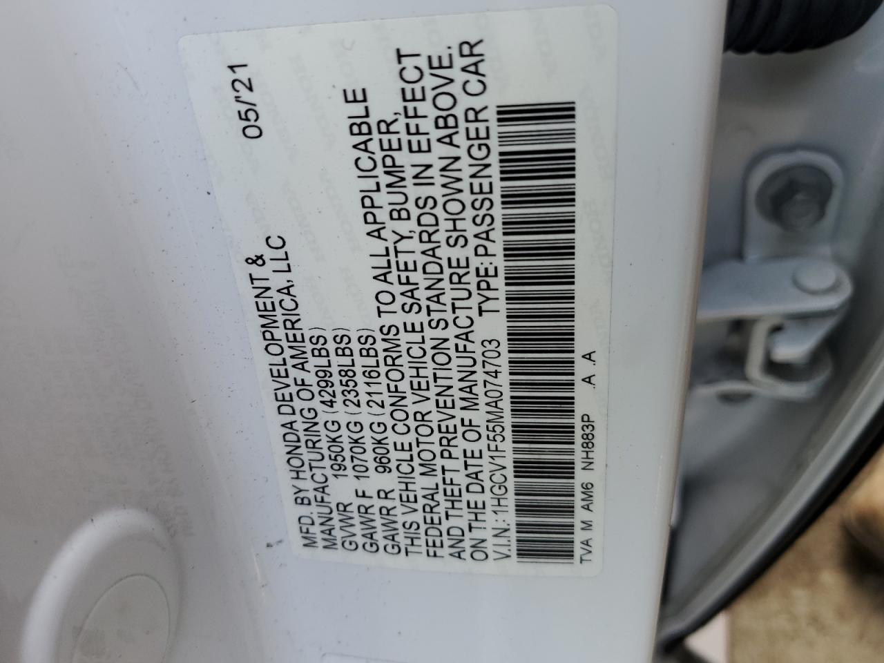 Photo 11 VIN: 1HGCV1F55MA074703 - HONDA ACCORD 