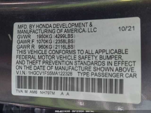 Photo 8 VIN: 1HGCV1F55MA122328 - HONDA ACCORD 