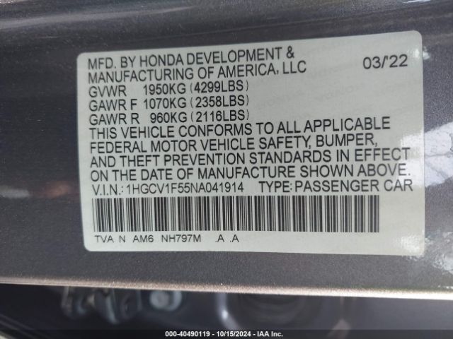 Photo 8 VIN: 1HGCV1F55NA041914 - HONDA ACCORD 