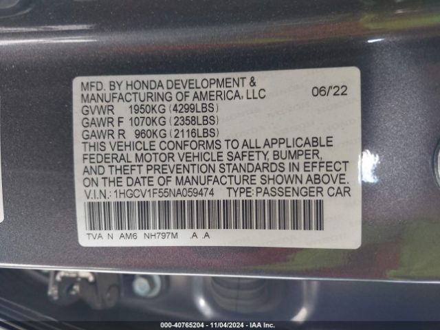 Photo 8 VIN: 1HGCV1F55NA059474 - HONDA ACCORD 