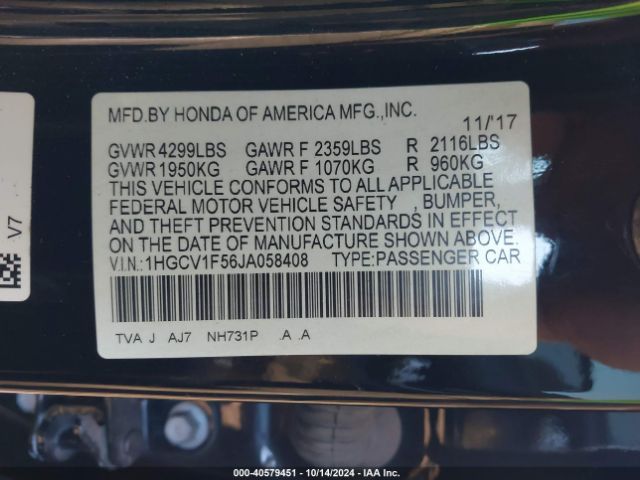 Photo 8 VIN: 1HGCV1F56JA058408 - HONDA ACCORD 