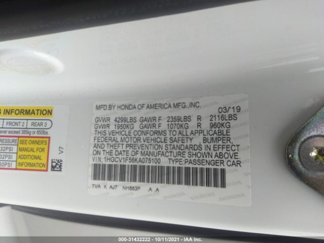 Photo 8 VIN: 1HGCV1F56KA075100 - HONDA ACCORD SEDAN 