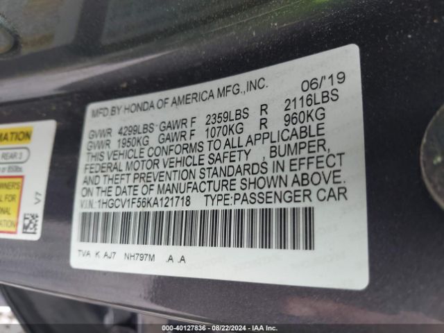 Photo 8 VIN: 1HGCV1F56KA121718 - HONDA ACCORD 