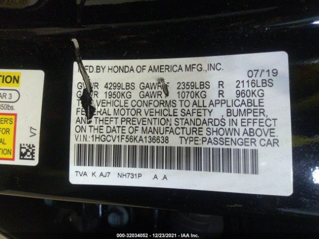 Photo 8 VIN: 1HGCV1F56KA136638 - HONDA ACCORD SEDAN 