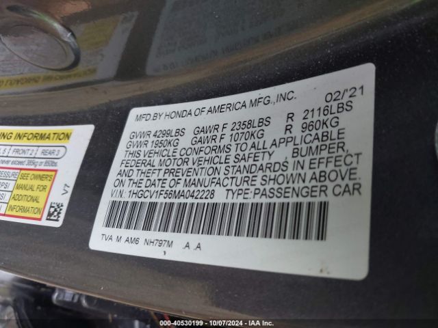 Photo 8 VIN: 1HGCV1F56MA042228 - HONDA ACCORD 