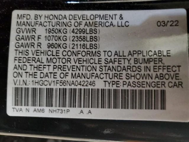 Photo 11 VIN: 1HGCV1F56NA042246 - HONDA ACCORD EXL 