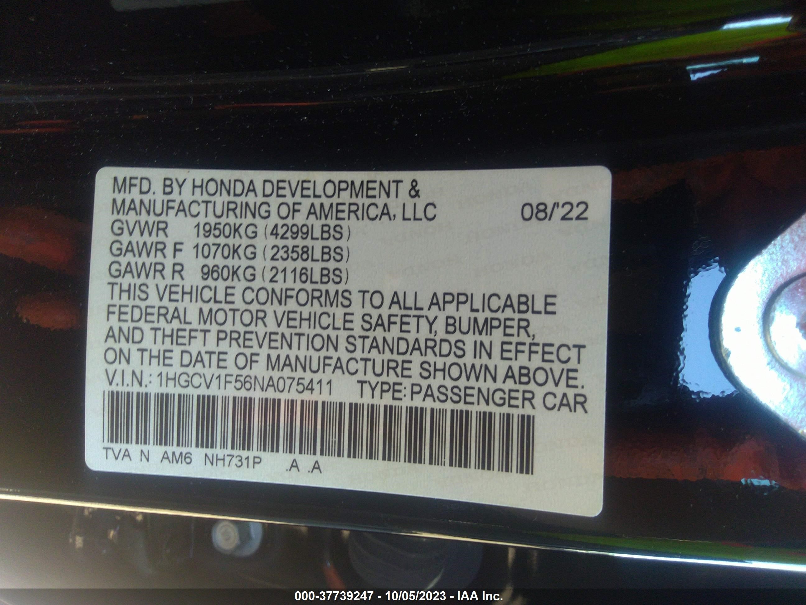 Photo 8 VIN: 1HGCV1F56NA075411 - HONDA ACCORD 