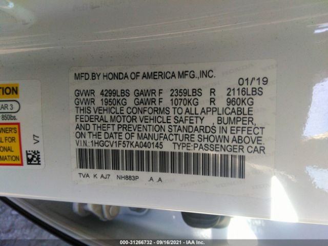 Photo 8 VIN: 1HGCV1F57KA040145 - HONDA ACCORD SEDAN 