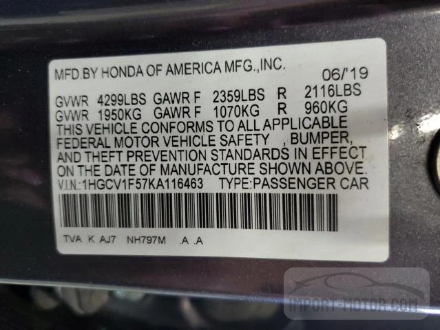 Photo 11 VIN: 1HGCV1F57KA116463 - HONDA ACCORD 