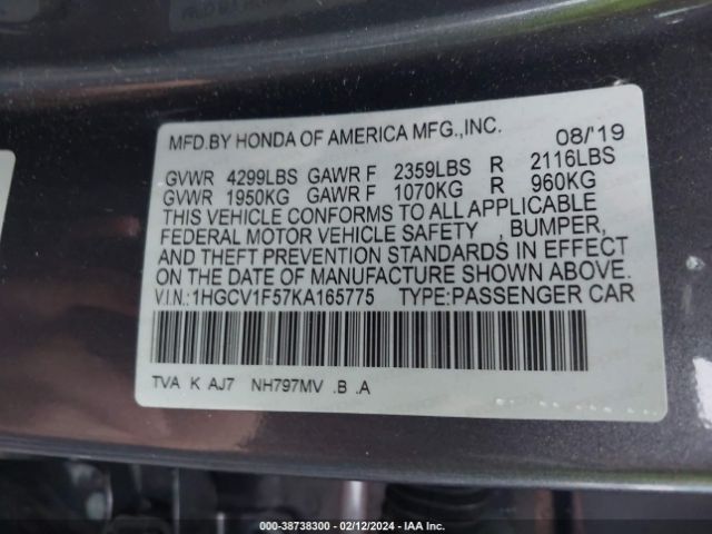 Photo 8 VIN: 1HGCV1F57KA165775 - HONDA ACCORD 