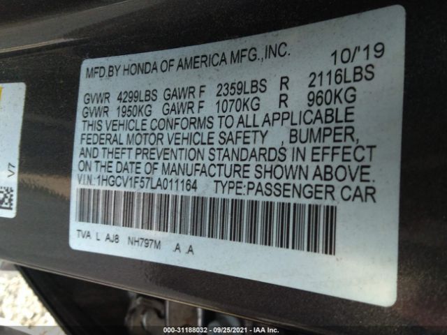 Photo 8 VIN: 1HGCV1F57LA011164 - HONDA ACCORD SEDAN 