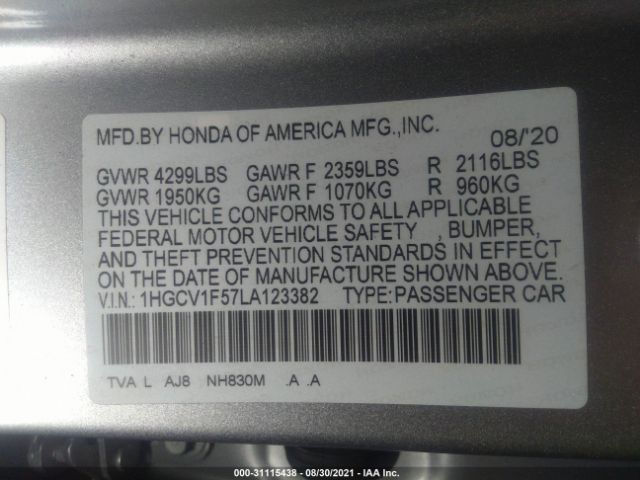 Photo 8 VIN: 1HGCV1F57LA123382 - HONDA ACCORD SEDAN 