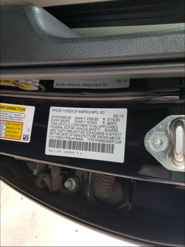 Photo 9 VIN: 1HGCV1F58JA190439 - HONDA ACCORD EXL 