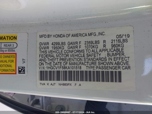 Photo 8 VIN: 1HGCV1F58KA101518 - HONDA ACCORD 