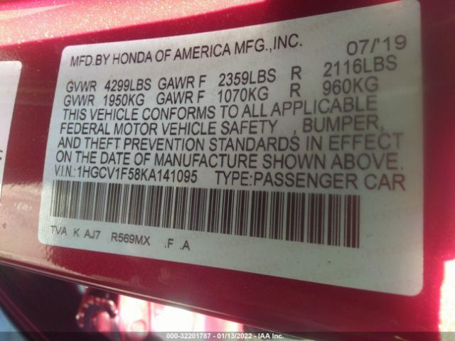 Photo 8 VIN: 1HGCV1F58KA141095 - HONDA ACCORD SEDAN 