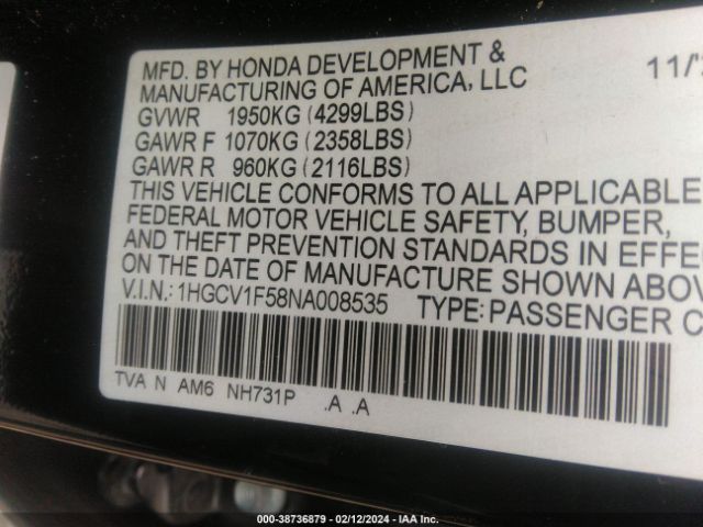 Photo 8 VIN: 1HGCV1F58NA008535 - HONDA ACCORD 