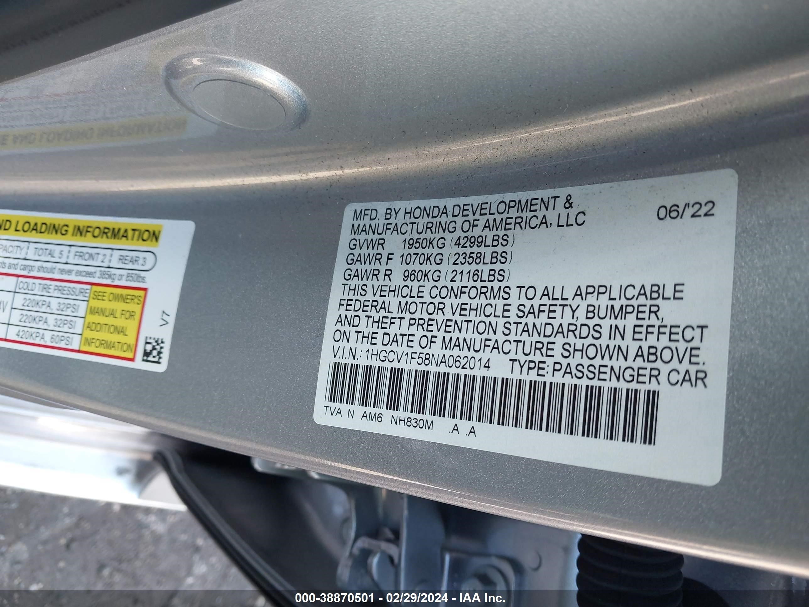 Photo 8 VIN: 1HGCV1F58NA062014 - HONDA ACCORD 