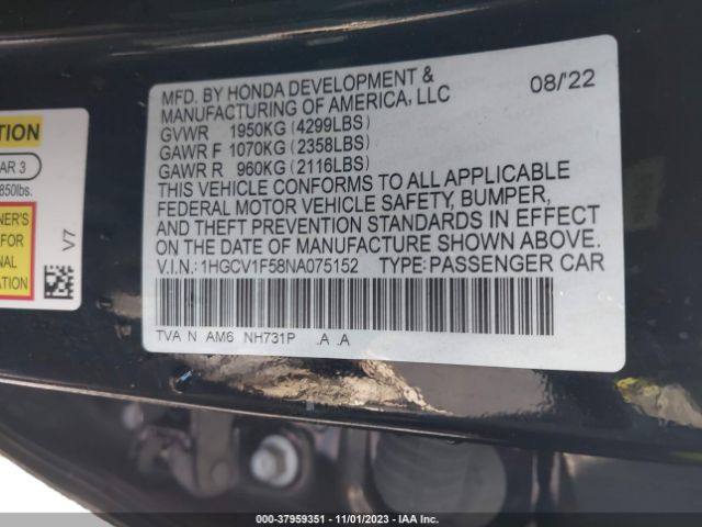 Photo 8 VIN: 1HGCV1F58NA075152 - HONDA ACCORD 