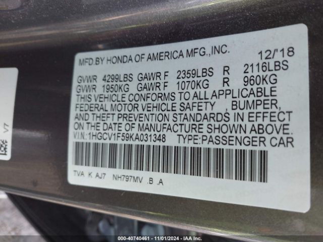 Photo 8 VIN: 1HGCV1F59KA031348 - HONDA ACCORD 