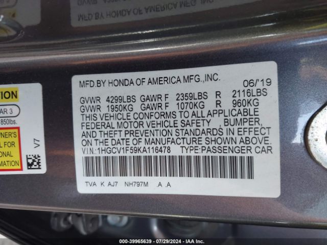 Photo 8 VIN: 1HGCV1F59KA116478 - HONDA ACCORD 