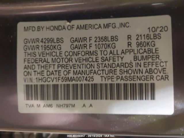 Photo 8 VIN: 1HGCV1F59MA007425 - HONDA ACCORD 