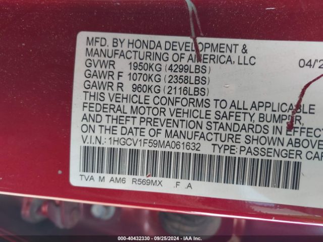 Photo 8 VIN: 1HGCV1F59MA061632 - HONDA ACCORD 