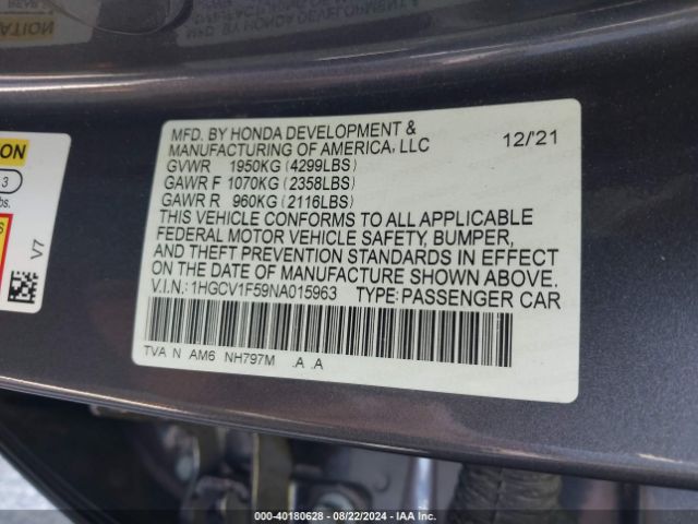 Photo 8 VIN: 1HGCV1F59NA015963 - HONDA ACCORD 