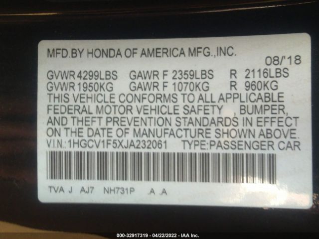 Photo 8 VIN: 1HGCV1F5XJA232061 - HONDA ACCORD SEDAN 