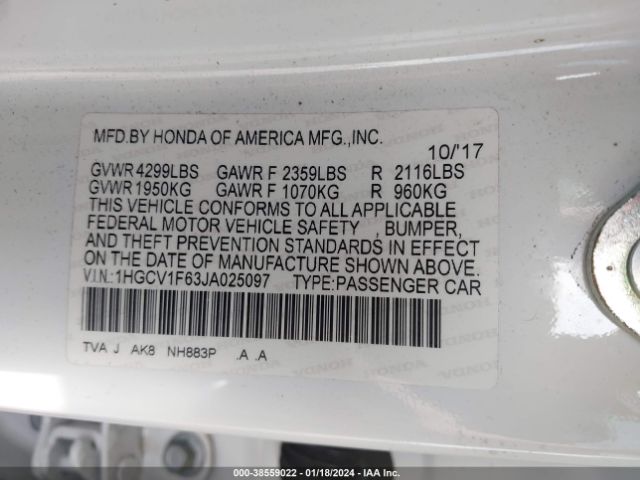 Photo 8 VIN: 1HGCV1F63JA025097 - HONDA ACCORD 