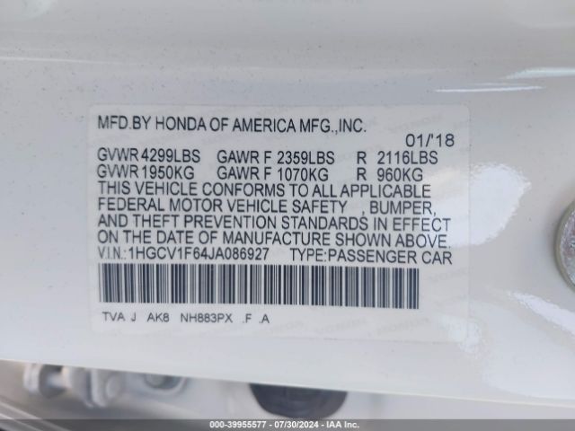 Photo 8 VIN: 1HGCV1F64JA086927 - HONDA ACCORD 