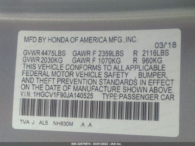 Photo 8 VIN: 1HGCV1F90JA140525 - HONDA ACCORD SEDAN 