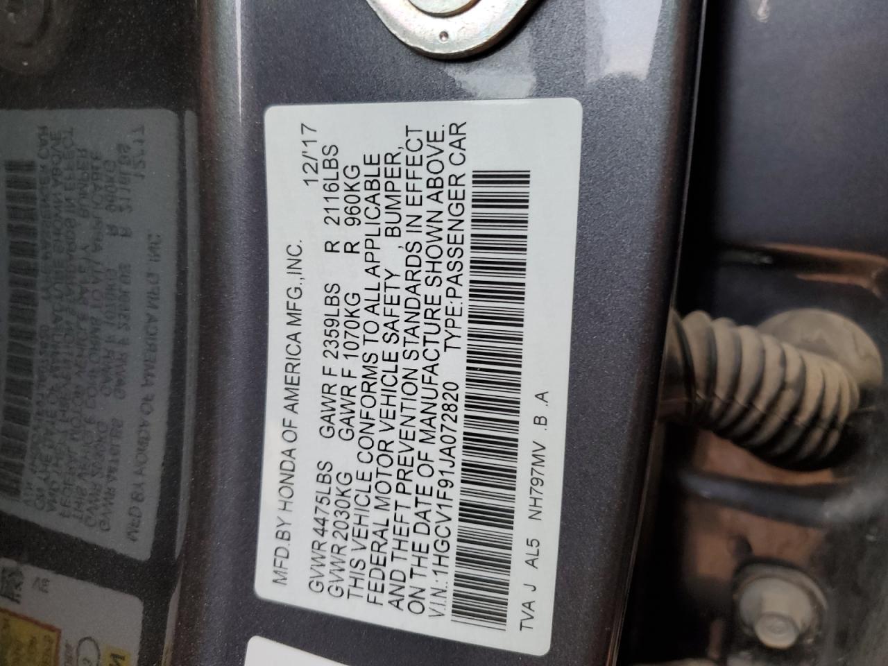 Photo 12 VIN: 1HGCV1F91JA072820 - HONDA ACCORD 