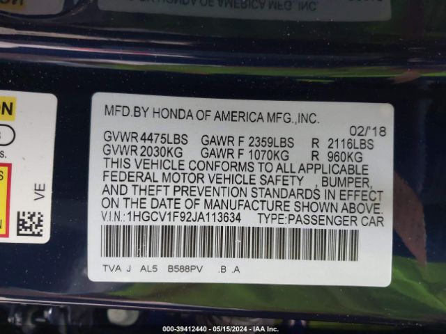 Photo 8 VIN: 1HGCV1F92JA113634 - HONDA ACCORD 