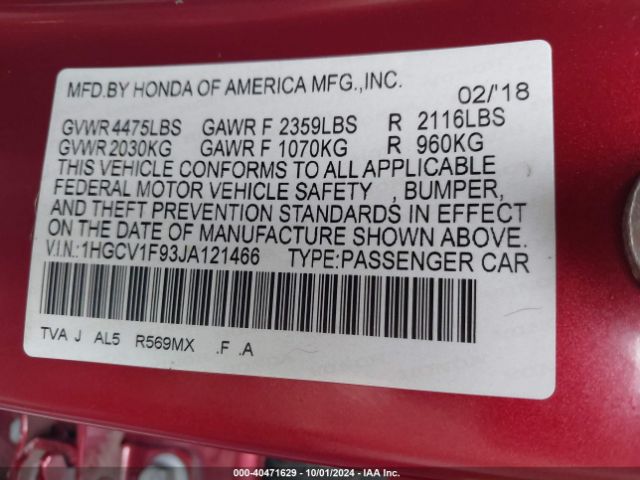 Photo 8 VIN: 1HGCV1F93JA121466 - HONDA ACCORD 