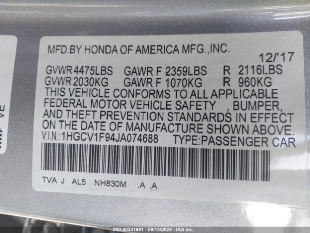 Photo 8 VIN: 1HGCV1F94JA074688 - HONDA ACCORD 