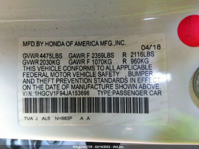 Photo 8 VIN: 1HGCV1F94JA153696 - HONDA ACCORD SEDAN 